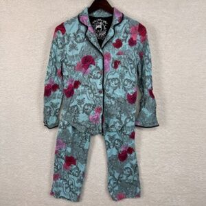 Betsey Johnson Pajama Set Youth S Blue Pink Floral Button Up Drawstring Pants
